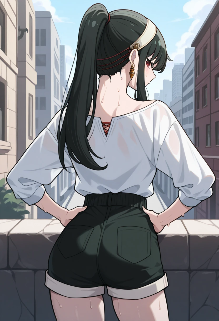  masterpiece ,  best quality , 1 , Alone, Yor Briar,  red eyes,  black hair,  long hair, Sides,  ponytail ,  white hair band , gold earrings, from behind, Sweat,  looking back,  hands on their own hips, icelantoemiv2 , blue pants, short shorts, in this,  outdoor,  city street