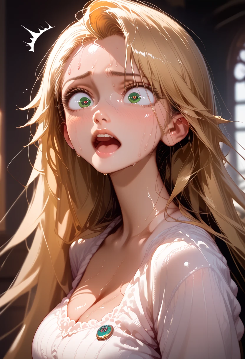 masterpiece, high definition , top quality,8k((Realism))
(Princess rapunzel,very long hair,blonde hair,green eyes)((sweat, excited ,Surprised eyes, eyes ))
