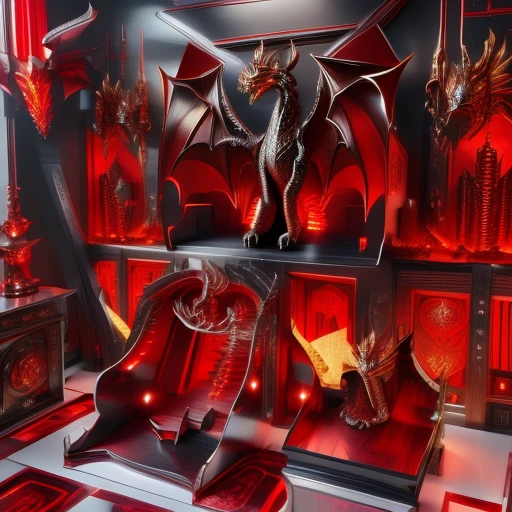 A beautiful bedroom, dragon themed, technological, cherry black and dark colored, ultra defined,ultra inspired, masterpiece, 4k, uhd, aggressive design, beautiful , futuristic medievale atmosphere