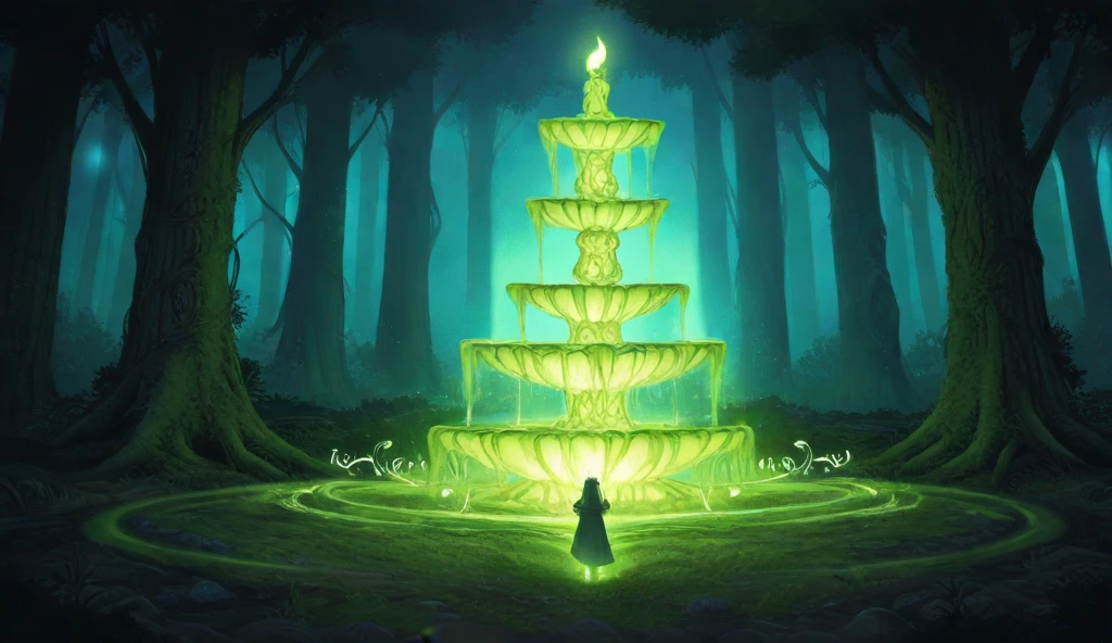 Create an illustration of a sacred fountain, the source of magical power, located deep within an enchanted forest. The fountain glows with an ethereal green light, surrounded by ancient stone carvings, glowing runes, and overgrown vines, emphasizing its timeless power. The surrounding forest features towering trees, their trunks and branches thick with glowing green leaves, forming a dense canopy overhead. The forest floor is covered with dark moss, glowing magical symbols, and radiant plants, creating an atmosphere of mystical energy. A faint green mist drifts through the air, adding to the magical ambiance.

The scene reflects the transition between eras, marking the end of one age and the beginning of another. The forest itself symbolizes the constant cycle of growth, balance, and power. The color theme is dark green and black, with faint spectral lights flickering among the trees, casting a mysterious glow. The overall atmosphere captures the essence of transformation, the eternal cycle of magic, and the strength of the enchanted forest.”