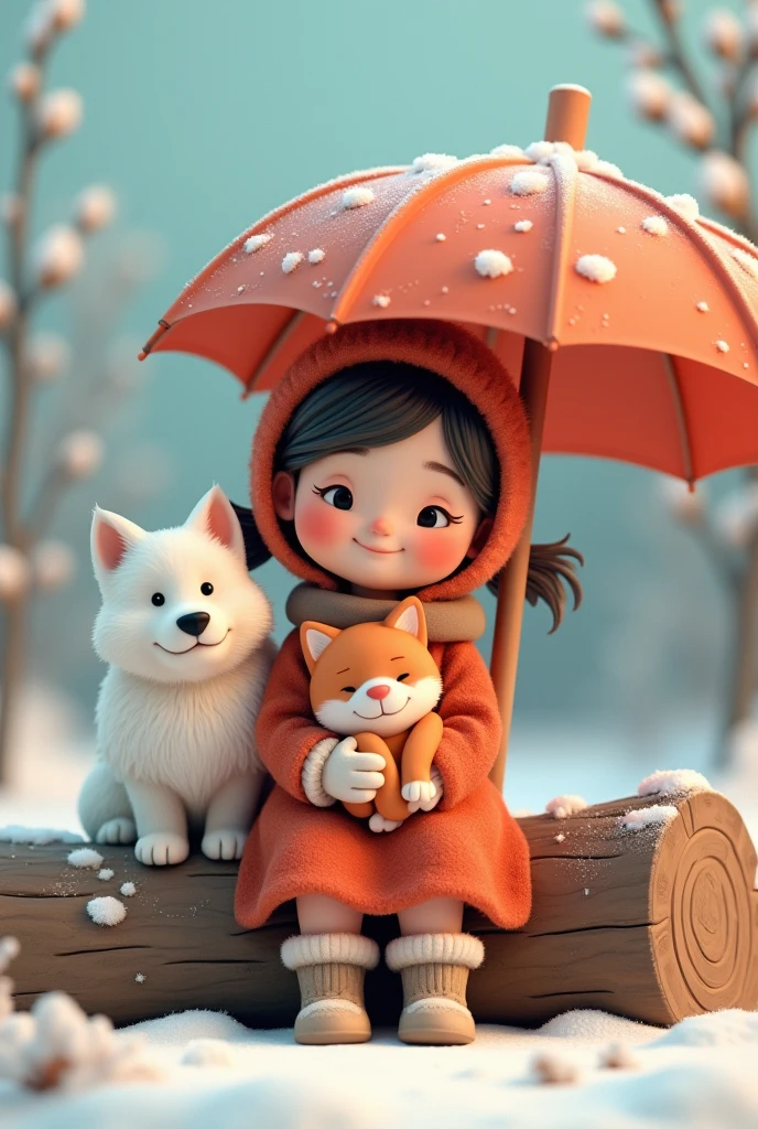  A sweet happy girl in winter clothes is sitting on a log,  next to the umbrella ,  srarava sits snuggled up a happy white dog ,  sits on the left, huddling ,  in his hands, a happy red cat , 3d