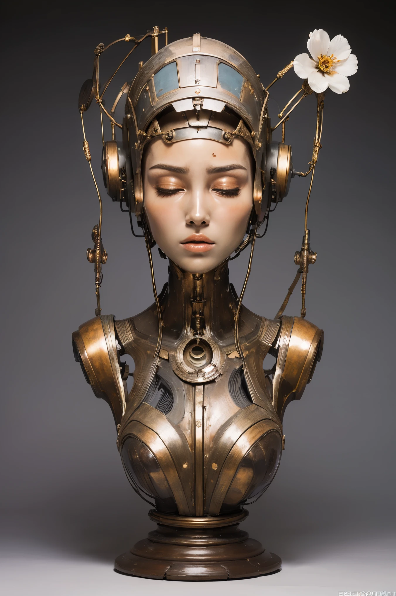 (masterpeace), ((super real photography: 1.5)), ((photo realistic: 1.3)), (real photo),
A Japanese girl with a lot of flowers, ((A young girl robot: 1.5)), (bust statue),
BREAK
headgear, ((real metalic skin)), ((beautiful face: 1.5)), ((Super cute: 1.5)), ((kawaii: 1.5)), ((well-balanced face)), (close eyes: 1.3)), longeyelashes, stunning big eyes, luscious glossy lips, ((blunt bangs)),
BREAK
(slender body: 1.3), petite bust, flower bloom, (flowers: 1.5),
BREAK
High-Mechanic body, octane rendering, Super Detailed machine, ((connected electric cables)),
BREAK
(simple background: 1.3), ((bust shot: 1.3)), cinema quality, professional photograph, (photo studio: 1.5), (Bright Light: 1.2), Eye-Level Shot, wide lens, (fujifilm 35mm), (film photo), RAW, Excessive Embellishment, UHD,
BREAK
anatomically correct, textured skin, best quality, 8k