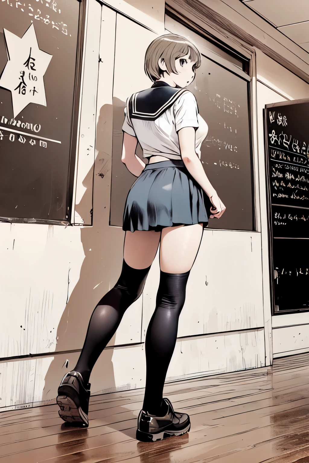 (masterpiece, Best quality:1.2), behind, One, 1 girl, Hands, A slight smile, closed mouth, looking back, braided ponytail, eyes with rings, White shirt, black short skirt, panties visible