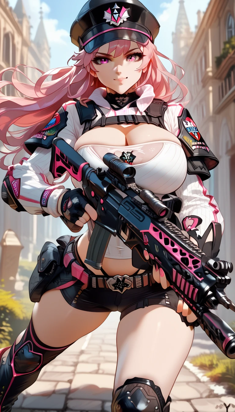 ultra-detailed, 1girl, solo, ((masterpiece)), (best quality), (highres), 16K, pink eyes, pink hair, long hair, cap, wearing tactical clothes, fingerless gloves, tactical belt, thighhighs, knee pads, black thong, boots, busty body, large breasts, showcasing cleavage, legs, hips, (holding assault rifle), looking at viewer, smile, detailed face, detailed hair, detailed full body, street background