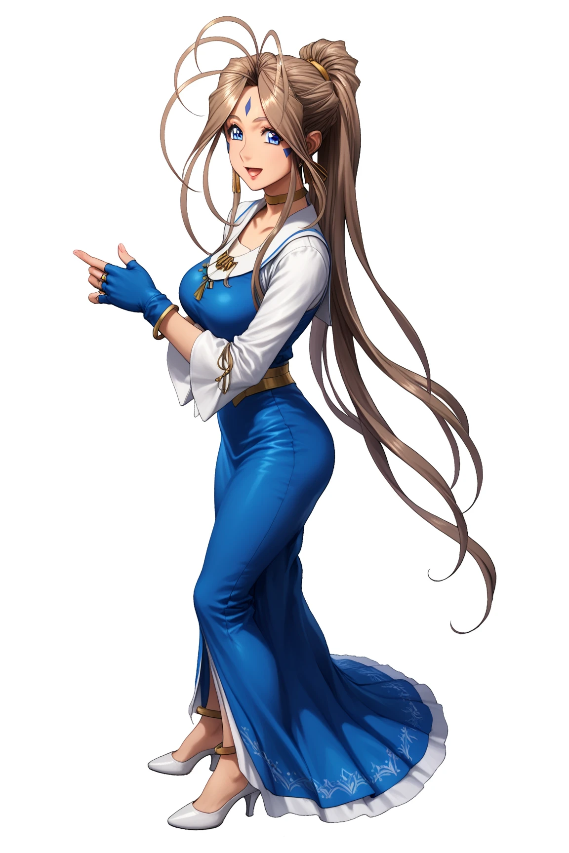 sfw, 1goddess, solo, (priestess, priestess short-neck dress), (short-neck), long sleeves, ((Blue-Trimmed-Dresses, Blue-Trim-clothes)), shiny, shiny white skin, calm smile, open mouth, open palm, arms_down, (glamorous, Curvy body, Slim waist), 
BREAK, Lovebell-SDXL, Belldandy, long ponytail, brown hair, blue eyes, parted lips, gold choker, ((fingerless_blue_short_gloves:1.5)), bracelet, earring, wedding_silver_ring on left_hand_ring_finger, gold anklet, (elegant mature woman), safety, tranquility, 
BREAK, simple background, transparent background, 
BREAK, extreme quality, cg, (detailed eyes,and face), (bright colors), (anime), impact, masterpiece, top tier, extravagant, 8k, unity wallpaper, unreal engine 5, ray tracing, 8k, cinematic, varied depth of field, octane render, tone mapping, hyper focus, detailed hand, 
BREAK, cowboy shot, white_high_heels, ((standing)), dynamic angle, ((upright:1.4)), from behind, looking back,