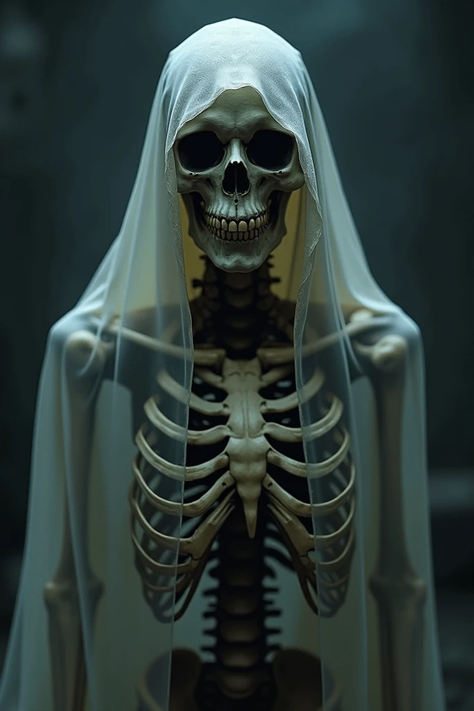 Dark Fantasy Art of Best Cinematography a naked woman covered in white Veil laying on a floor next to a skeleton with perfect diffused light on Kodak Motion Picture Film Style, dark, moody, dark fantasy style (detailed high quality highres high saturation) vibrant colors