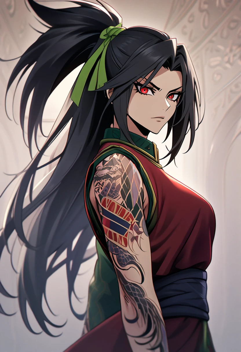 AkaliLeague, red eyes, black hair, long hair, high ponytail, tattoo, green ribbon, hair ribbon