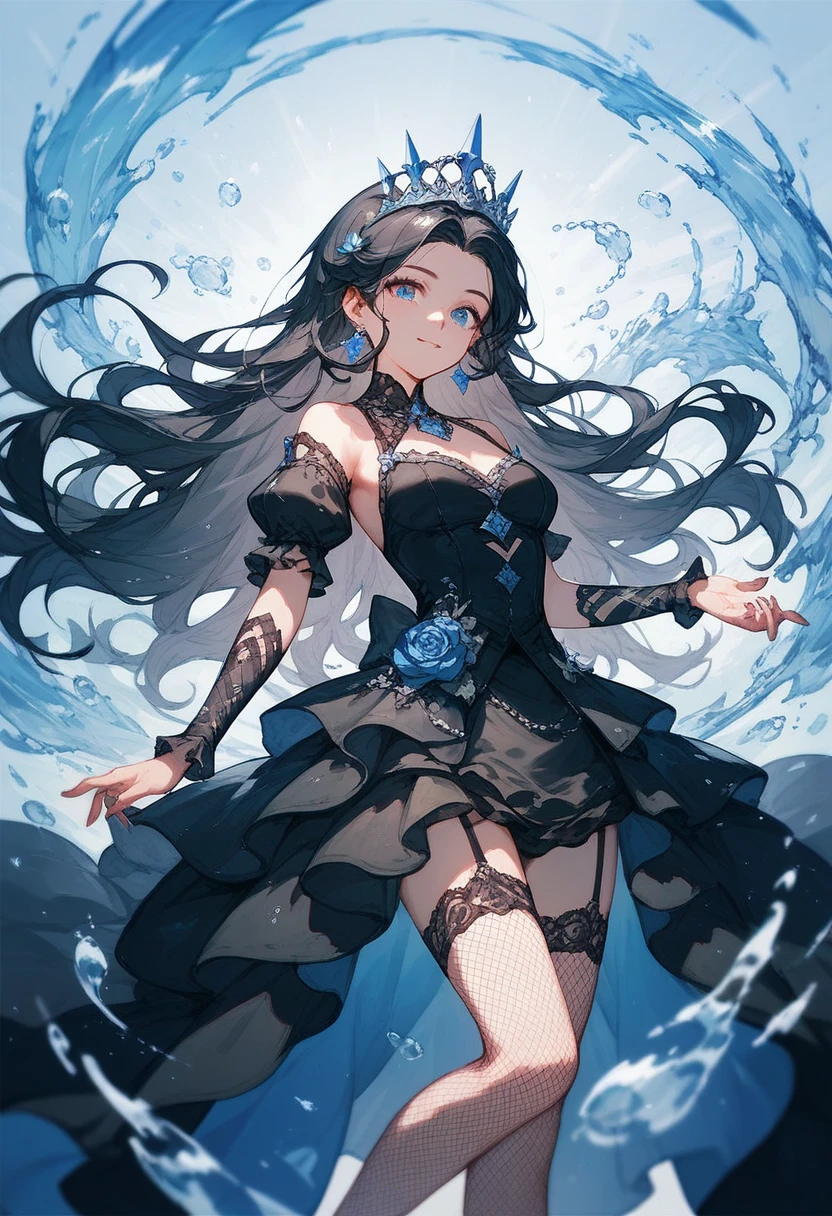 best quality, super fine, 16k, incredibly absurdres, extremely detailed, 2.5D, delicate and dynamic depiction, the most beautiful demon in history, walking on water, fearless smile, attractive and seductive expression, glamorous slender body, long black, red and blue dress, big waves on both sides, dark clouds, the sky splitting, the earth splitting, the sea splitting, lightning, sinister effects