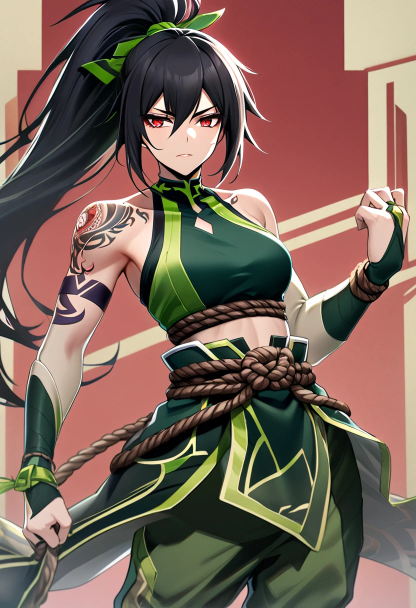 AkaliDefault, red eyes, black hair, long hair, high ponytail, tattoo, green ribbon, hair ribbon, green crop top, halterneck, green gloves, bridal gauntlets, rope belt, green pants, hip vent