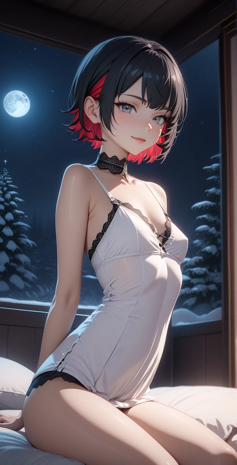 score_9, score_8_up, score_9_up, source_anime, close up photo,  beautiful face, ellenjoe, night, passionless, smiling, closed mouth, ellen joe, black hair, moonlight, japanese room, night winter, sit in her bed, pajama party, snow, sexy pose, sexy body, very small breasts, hands behind her back, colored inner hair, multicolored hair, grey eyes, red hair,  short hair,  two-tone hair, shoulders covered, living room, night,  dark room, arms behind her back, christmas outfit, lace collar, lace, suspender lace, red stocking and garter, sexy body,  small breasts, two-tone hair,  beautiful eyes, beautiful legs, sexy legs, solo, fantasy world, night, beautiful eyes