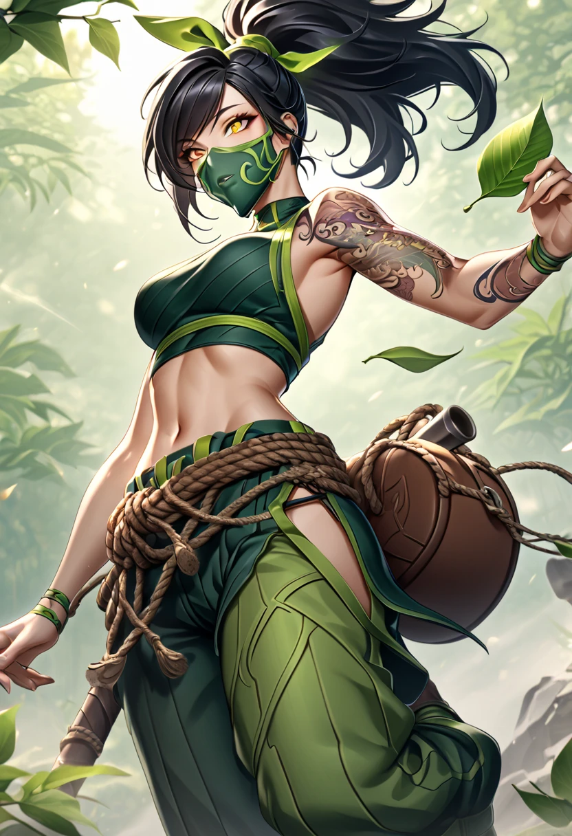 AkaliLoLXL, green mouth mask, yellow eyes, black hair, swept bangs, green ribbon, hair ribbon, long ponytail, arm tattoo, tattoo, medium breasts, bare shoulders, green crop top, leaf on hand, navel, rope belt, cylinder bag, hip vent, green pants, green boots