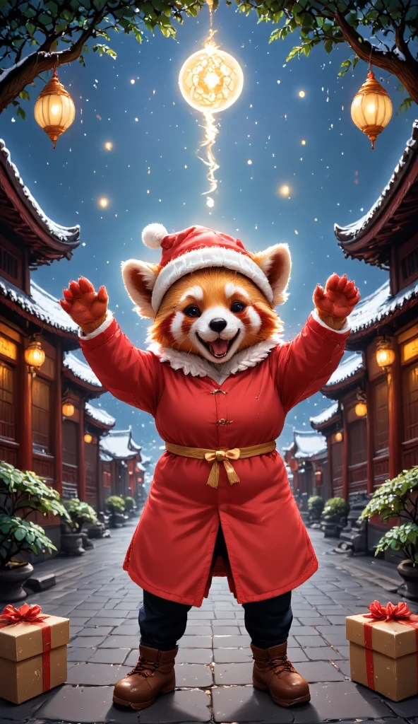 panoramic，An antique Chinese courtyard is covered with snow，The pine and cypress trees in the courtyard are hung with colorful Christmas lights and red Chinese knots。A cute cartoon-style red panda is wearing a Chinese cotton-padded jacket，Wearing Santa hat，Standing under the tree，Excitedly raising its front paws。Camera switches，Close-up shot of the red panda's face，Its eyes are full of curiosity and joy。Camera moves down，Close-up of the Chinese gift box at the red panda's feet，A golden ribbon is tied to the gift box。