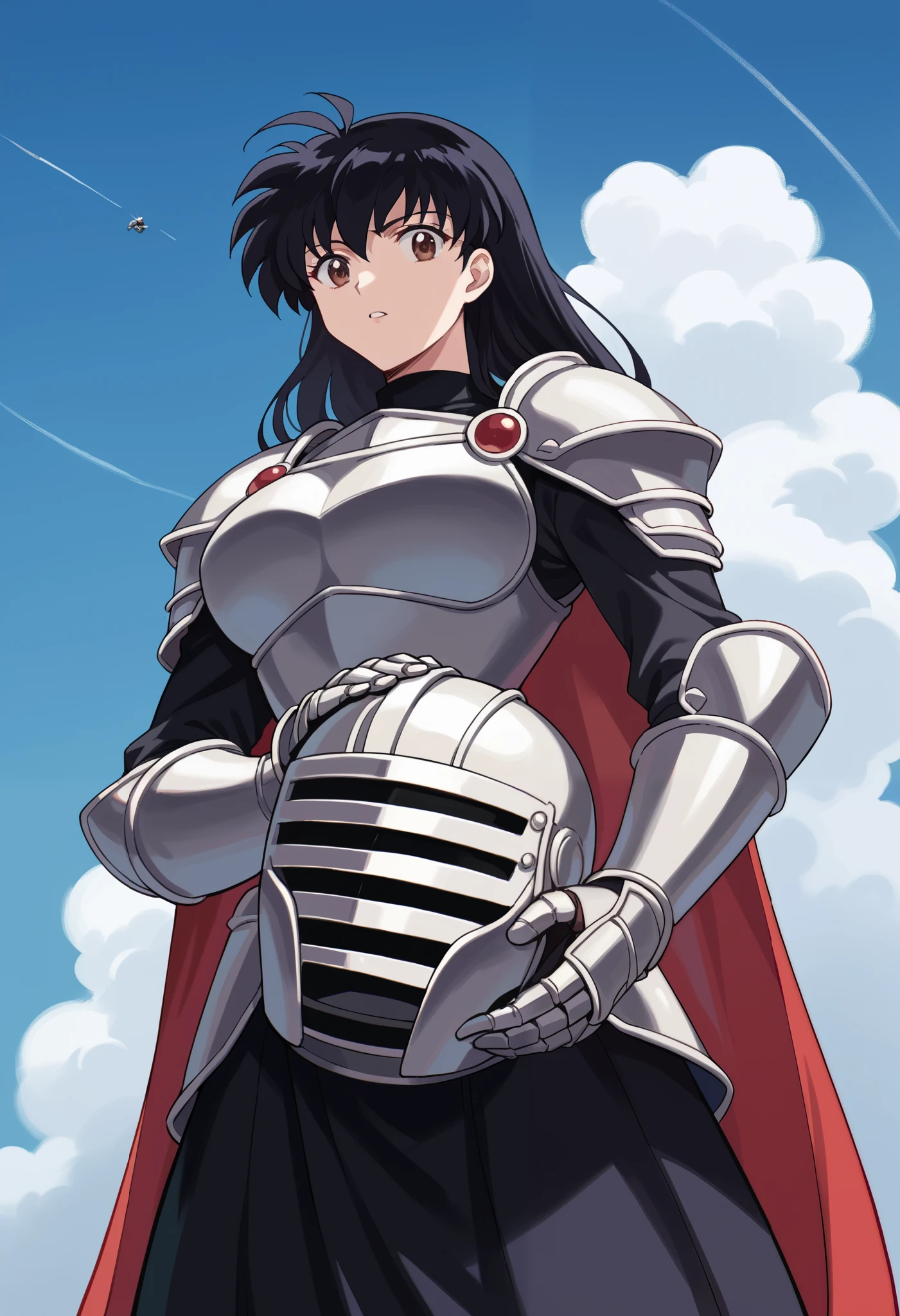 score_9, score_8_up, score_7_up, source_anime, Kagome Higurashi, long hair, , brown eyes, , ahoge, black hair, large breasts,, knight, armour, holding helmet , shoulder armor, gauntlets, pauldrons, red cape,, blue sky, clouds, from below, parted lips, looking at viewer