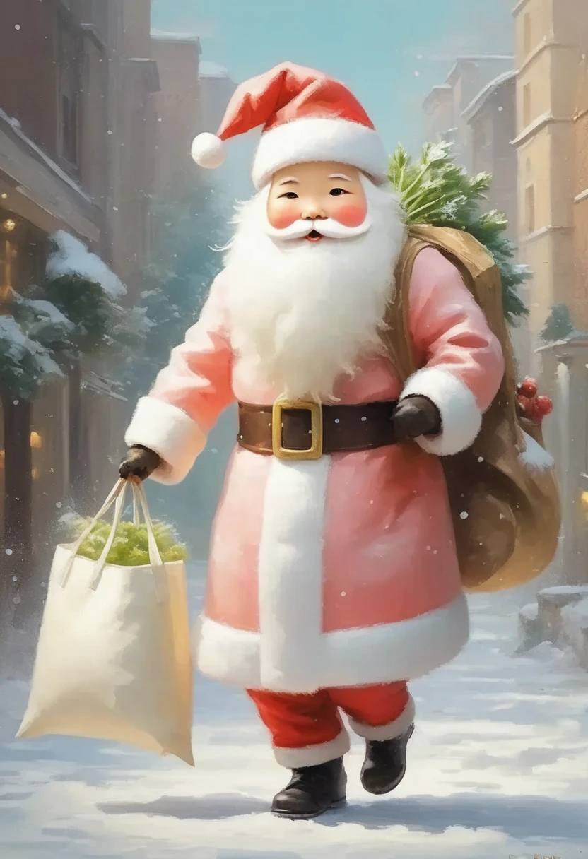  Pastel Art , Abstract Painting, cuteポストカード, masterpiece:1.2,  daikon daikon looking like Santa , cute大根, Beard,  walking on two legs,  dragging a big white bag, cute