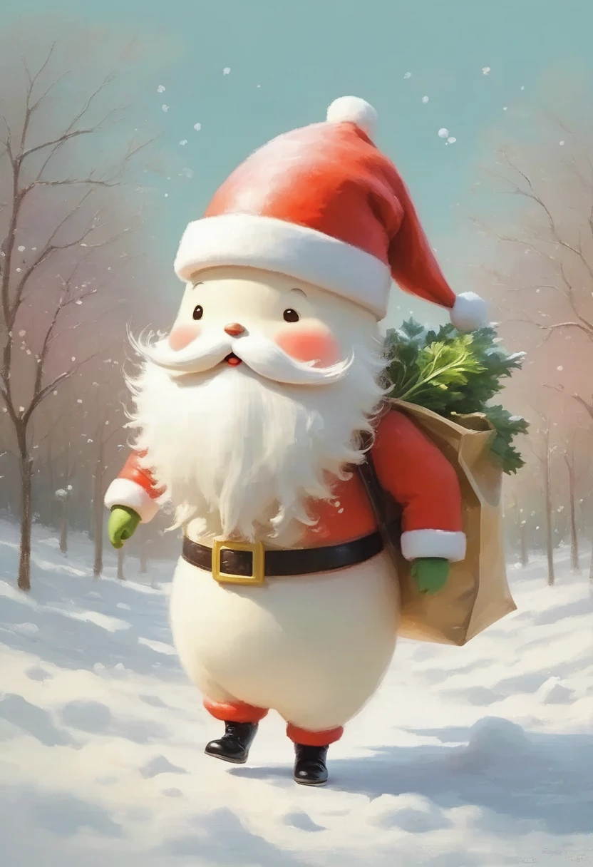  Pastel Art , Abstract Painting, cuteポストカード, masterpiece:1.2,  daikon daikon looking like Santa , cute大根, Beard,  walking on two legs,  dragging a big white bag, cute