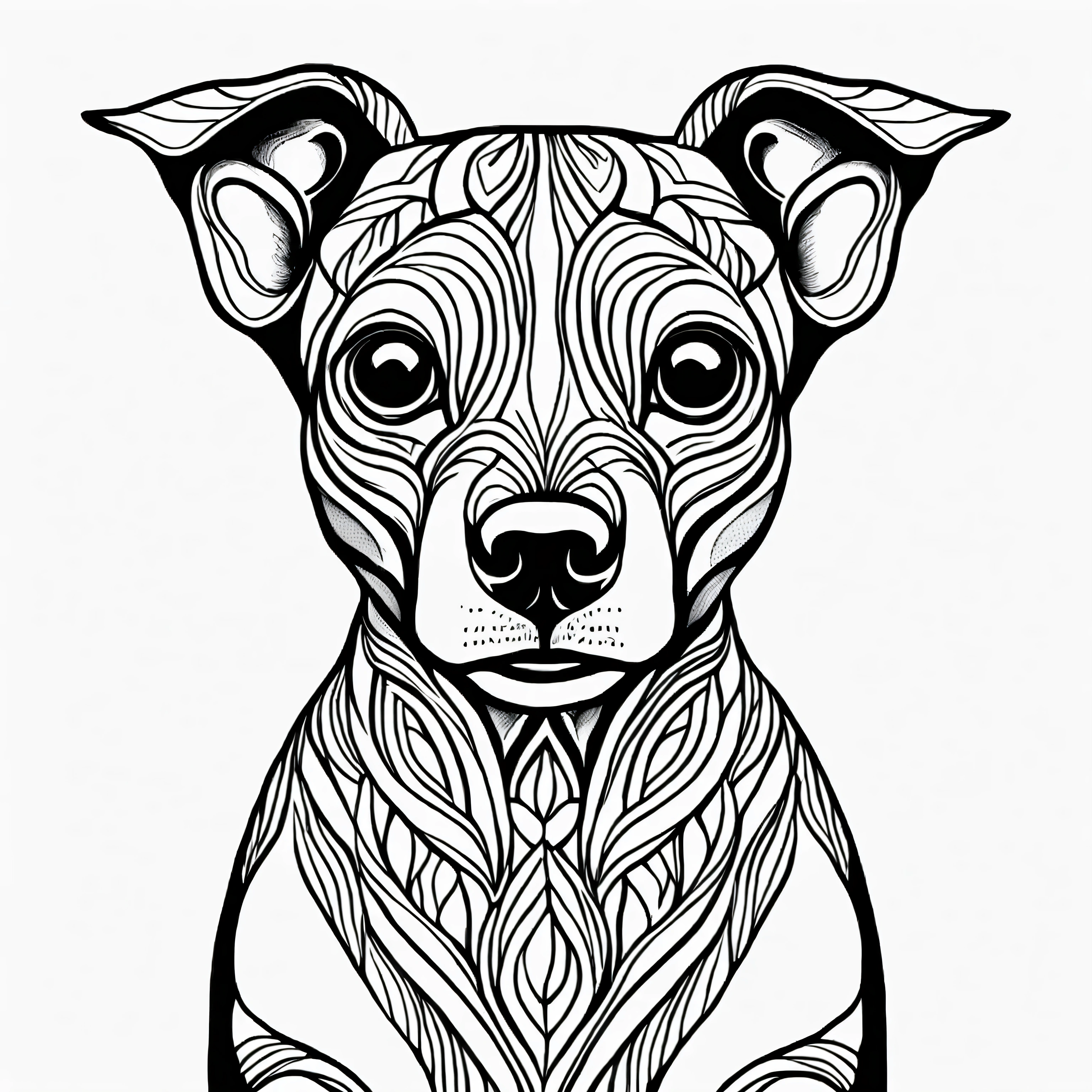 coloring page for adults. [Pinscher] head with mandala pattern, in the style of thick lines. low details. no shading