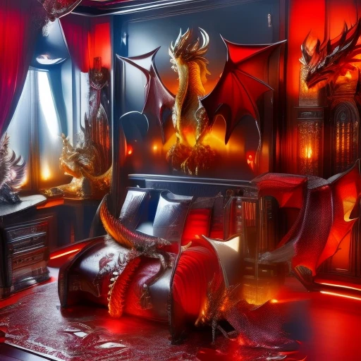 A beautiful bedroom, dragon themed, technological, cherry black and dark colored, ultra defined,ultra inspired, masterpiece, 4k, uhd, aggressive design, beautiful , futuristic medievale atmosphere