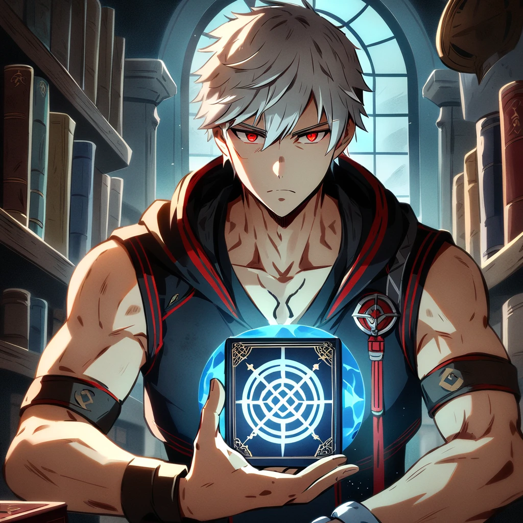 35-year-old male, dark-skinned, tattoos, white hair, horns, reading in the library, flying books, magical books