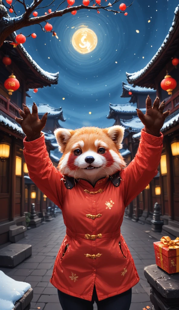 panoramic，An antique Chinese courtyard is covered with snow，The pine and cypress trees in the courtyard are hung with colorful Christmas lights and red Chinese knots。A cute cartoon-style red panda is wearing a Chinese cotton-padded jacket，Wearing Santa hat，Standing under the tree，Excitedly raising its front paws。Camera switches，Close-up shot of the red panda's face，Its eyes are full of curiosity and joy。Camera moves down，Close-up of the Chinese gift box at the red panda's feet，A golden ribbon is tied to the gift box。