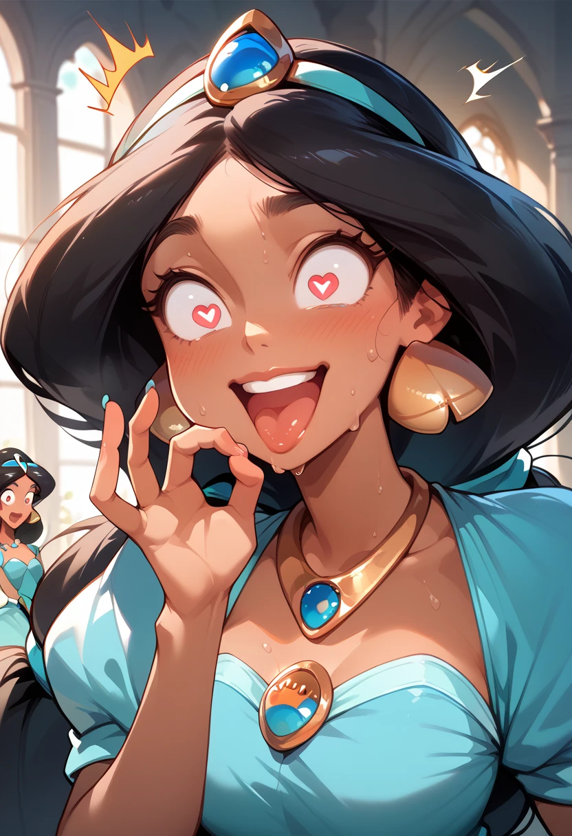 masterpiece, high definition , top quality,8k
(Princess Jasmine,dark skin,black hair)
((sweat, excited ,Surprised eyes,Cross-eyed,Heart shaped eyes ,smile,Narrow mouth ))
(fellatio gesture)