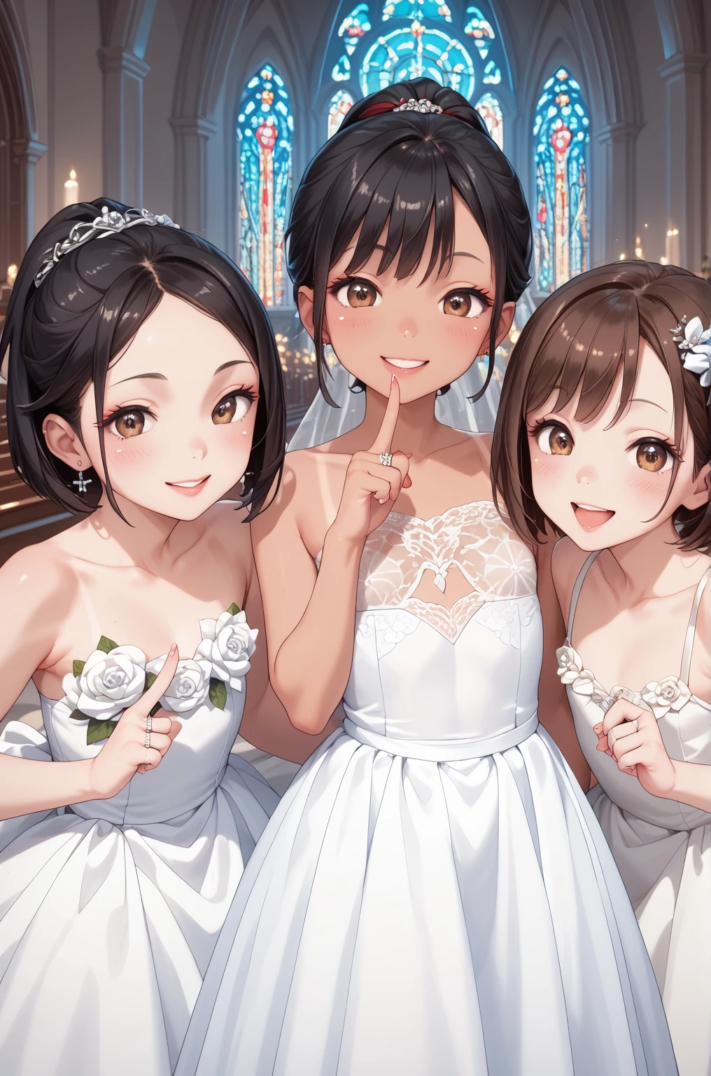 Three Girls　 very cute 　Road　 black hair　 ponytail　 shortcuts　 bob cut　 tan　 brown eyes　 flat chested　 small breasts　  　 pubic skin　Glossy lips　 red face　beautiful church 　 Wedding Style　 wedding dress　left hand　 ring on ring finger　Happy smile