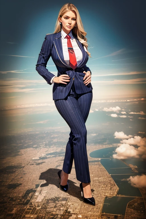 Giantess art, 100 miles tall giga giantess, sophisticated and stylish woman in a light grey italian pinstriped trouser suit, form fitting crisp white office shirt, and a large wide yellow necktie in a windsor knot, with a beautiful, curvaceous figure, large natural breasts, and long wavey blonde hair, with a curvaceous figure and massive breasts. wearing blue rounded court high heels with uncovered feet and standing, rampage-like pose, with a cityscape background of mega-city, urban sprawl, and small towns, partially obscured by a hazy, cloudy atmosphere. The image is a high-resolution, masterpiece-quality, cinematic, ultra-detailed, and hyper-photorealistic photograph, with perfect hands, face, and lighting. ultra-detailed, 8K, photo-realistic, hyper-realistic, masterpiece, intricate details, full body view. Looking at camera, The image is a high-resolution, masterpiece-quality, cinematic, ultra-detailed, and hyper-photorealistic photograph, with perfect hands, face, and lighting. ultra-detailed, 8K, photo-realistic, hyper-realistic, masterpiece, intricate details, full body view