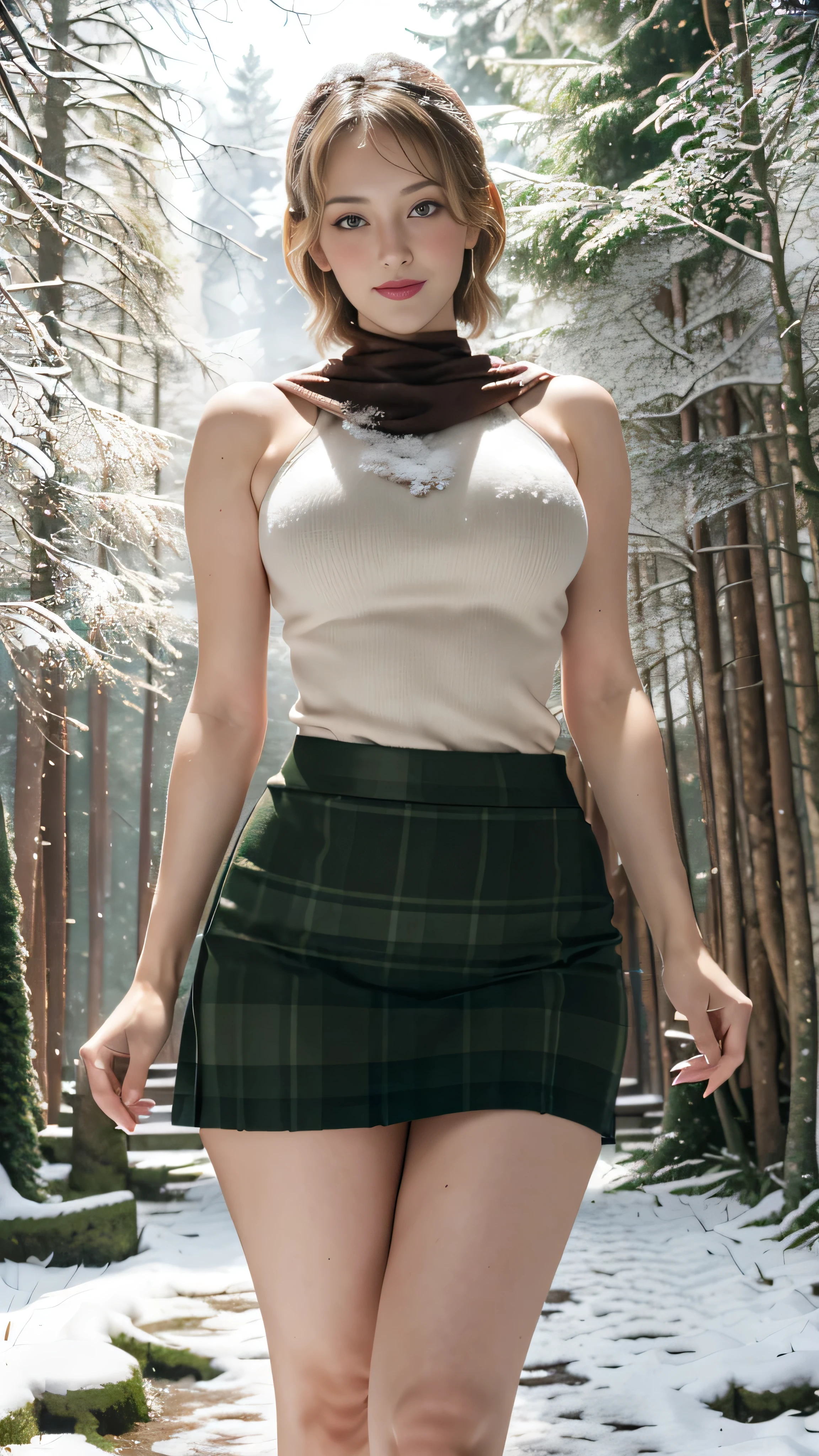 4k,  realistic ,  charismatic  , improvement, Ashley/RE 4 Remake  , ((( mini skirt ))), 20 years, cuerpo completo , (detail in the eyes), (Detail on the face),  incredibly beautiful  , blush, make up,  red lipstick  , (((beautiful forest and snowy background:1.2), :))), (((  wide hips))), (((  Very thick thighs  ))), (((juicy thighs))), ( small breasts :1.2), dress, thick and small lips,  seductive pose  , ( sexy smiling extreme hourglass figure  ), slender , ((( he is standing )))