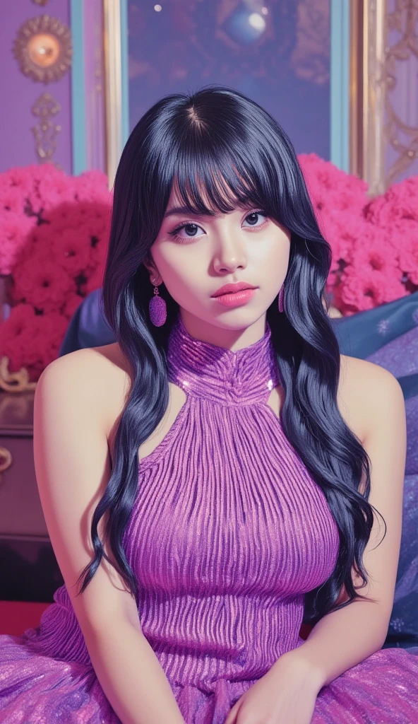 beautiful busty woman of asian descent in a beautiful designer iridescent dress, luxury mansion interior, elaborate details, (((long wavy hair)))