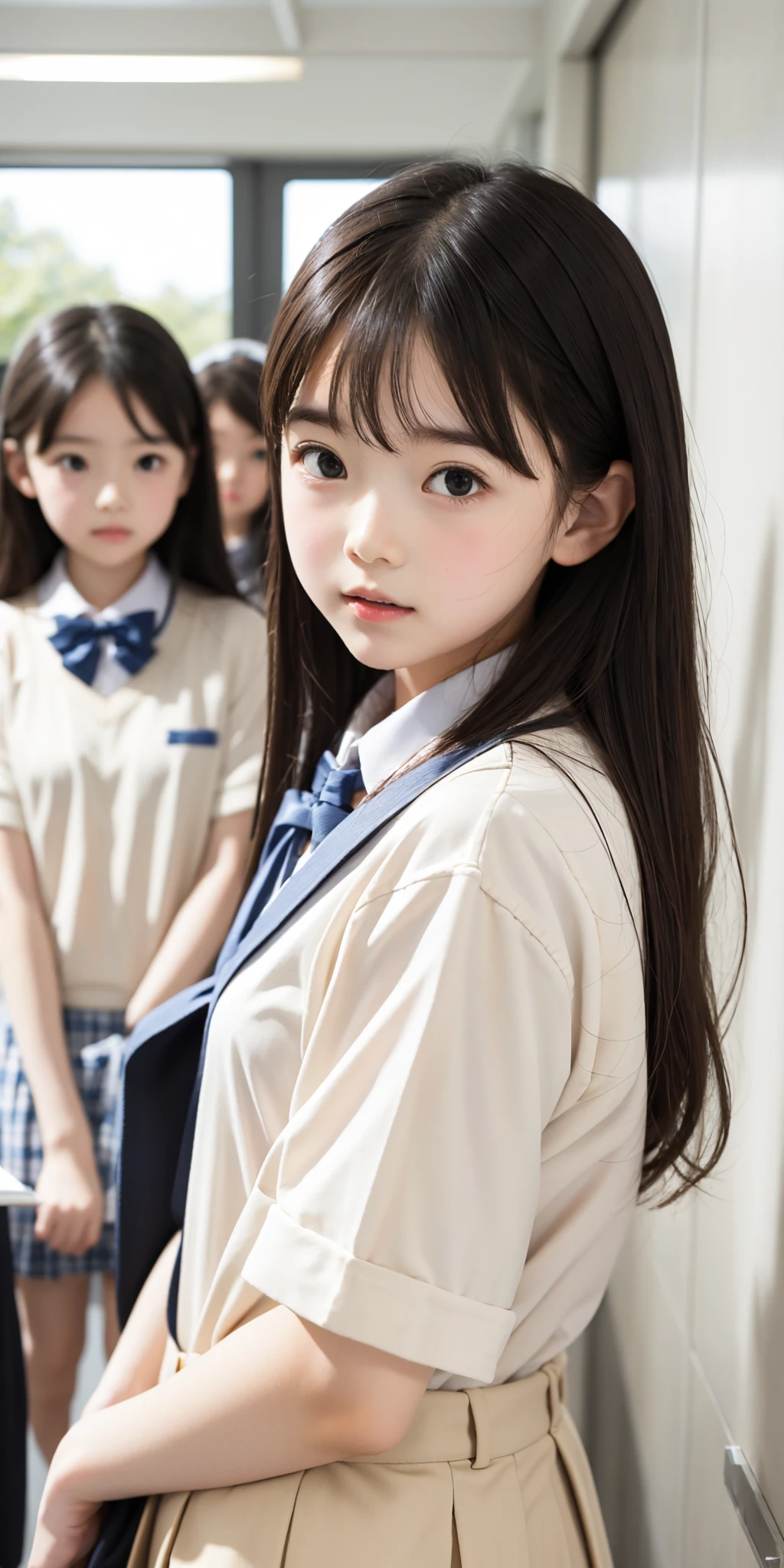  s,uniform,Line up quietly before entering the classroom, girl,cute, Masterpiece, Details