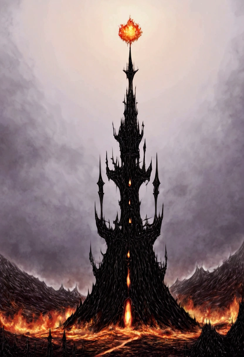 (masterpiece, High Quality) Dark Tower, ((an abstract large dark tower)), surreal, volcano in the background, large fire eyes on top of the tower