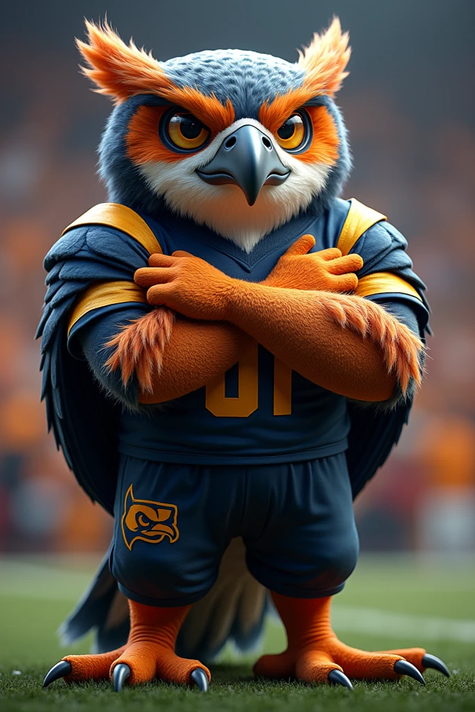 owl shaped like a human figure, street fighter style , Love, muscular, The color blue, with a large U on the chest in red with a white border, shouting goal in a football stadium.