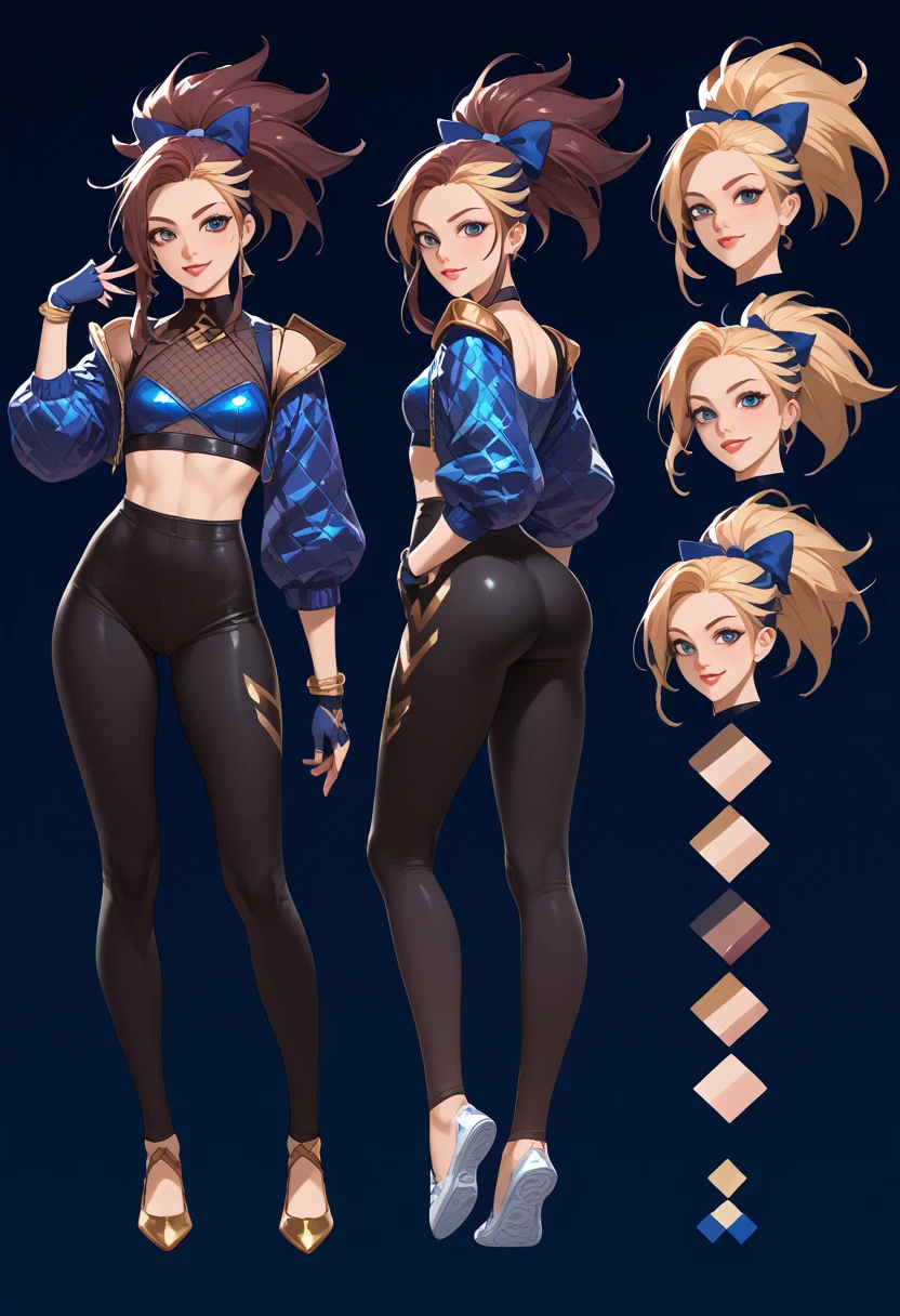 ((full body shot))K/DA Akali - ((character design sheet)), masterpiece, best quality, highly detailed, score_9, score_8_up, score_7_up, score_6_up, anime font,BREAK , 2girl, long hair, blue eyes, hair bow, small breasts, bow, looking at viewer, freckles, parted lips, smile, full body, red lips, lips, side front, she looks at you, your gauze hurts, fishnets, white background, neutral cast, dance pose, shoulder pads, leather ballet slipper , gold, gloves

