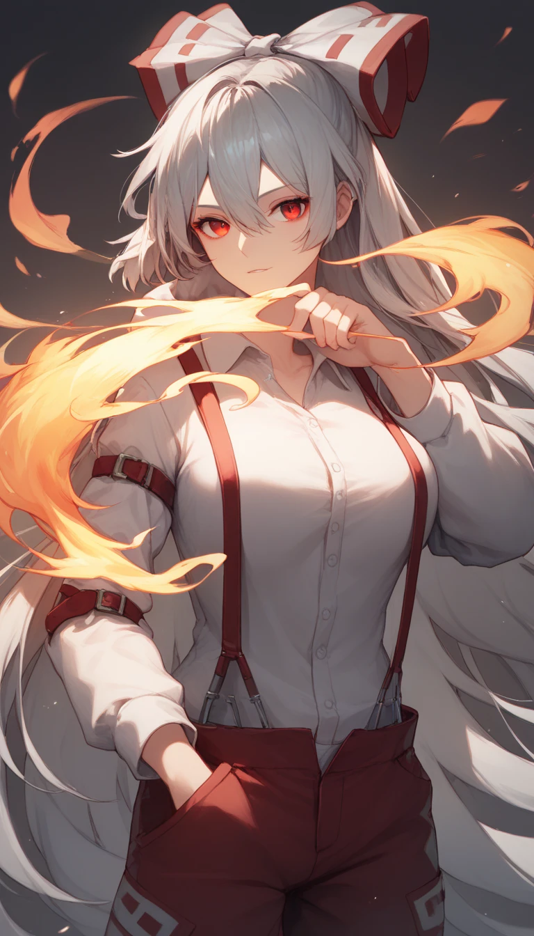 zzMokou, red eyes, hair between eyes, grey hair, hair bow, hair ribbon, long hair, very long hair, white hair, bow, suspenders, white shirt, shirt, long sleeves, pants, white bow, red pants, collared shirt,large breast, 1girls fire, female_focus, hood, , , looking_at_viewer, ,Sometimes a phoenix,hood_down, solo, hoodie, upper_body, glowing, hair_between_eyes