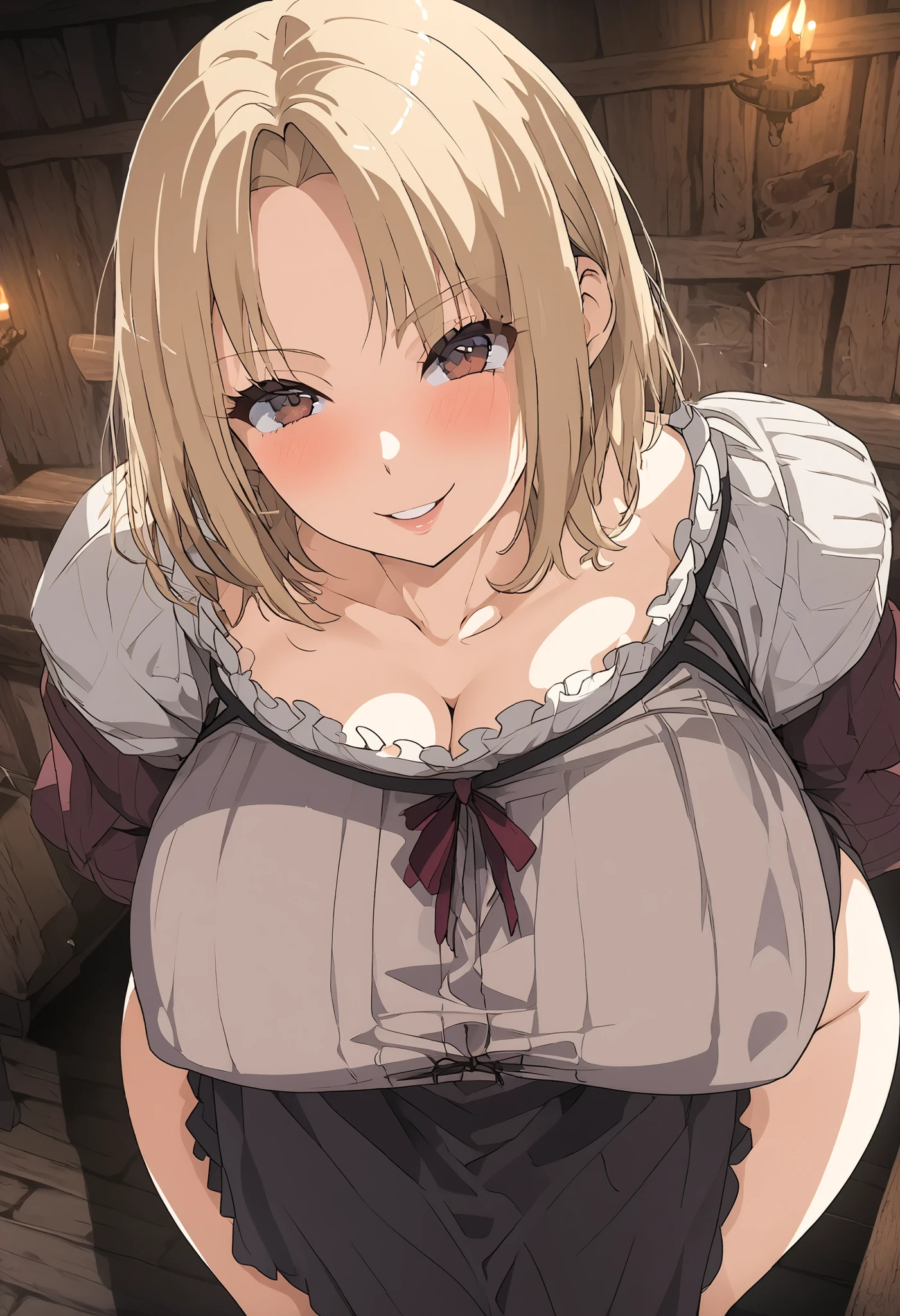 attractive mature woman in very tight medieval peasant dress with neckline, Height 1 7 5,  short blond hair ,  sensual look, brown eyes, in a tavern, perfect ass,  curvilinear ,  erotic, sensual, Milf, ecchi, Expression mischievous, sexy pose, medieval tavern, sensual smile,  perfect body ,  tight dress ,  full body,  Dynamic angle ,