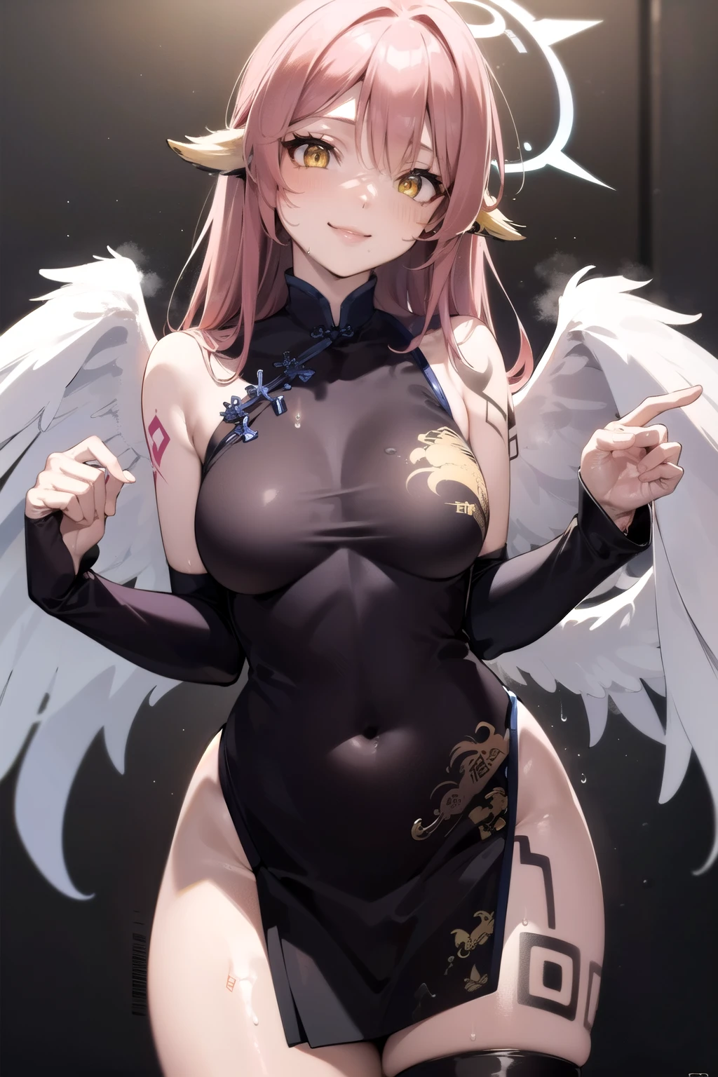 jibril, BREAK jibril, angel, angel wings, collar, animal ears, bird ears, compass rose halo, belly button, feathered wings, feathers, gradient hair, halo, long hair, low wings, multicolored hair, pink hair, symbol-shaped pupils, (thigh tattoos, tattooed:1.4), big breast, white wings, wing ears, wings, (yellow eyes:1.5), seductive look, (seductive smile:1.4), Shiny skin, wet, sweaty, sweat, oiled, clothing. Oil, lotion, slime, slimy. Big breast. Sexy, hot, attractive, alluring. 
BREAK thighhighs, zoomed in, cropped face, Fully clothed. (china dress:1.8), long sleeves , thighhighs, (sweaty:1.1), steam, (wet:1.1), dripping, hot, sticky.
BREAK (masterpiece:1.2), best quality, high resolution, unity 8k wallpaper, (illustration:0.8), (beautiful detailed eyes:1.6), extremely detailed face, perfect lighting, extremely detailed CG, (perfect hands, perfect anatomy), (narrow eyes:1.3).