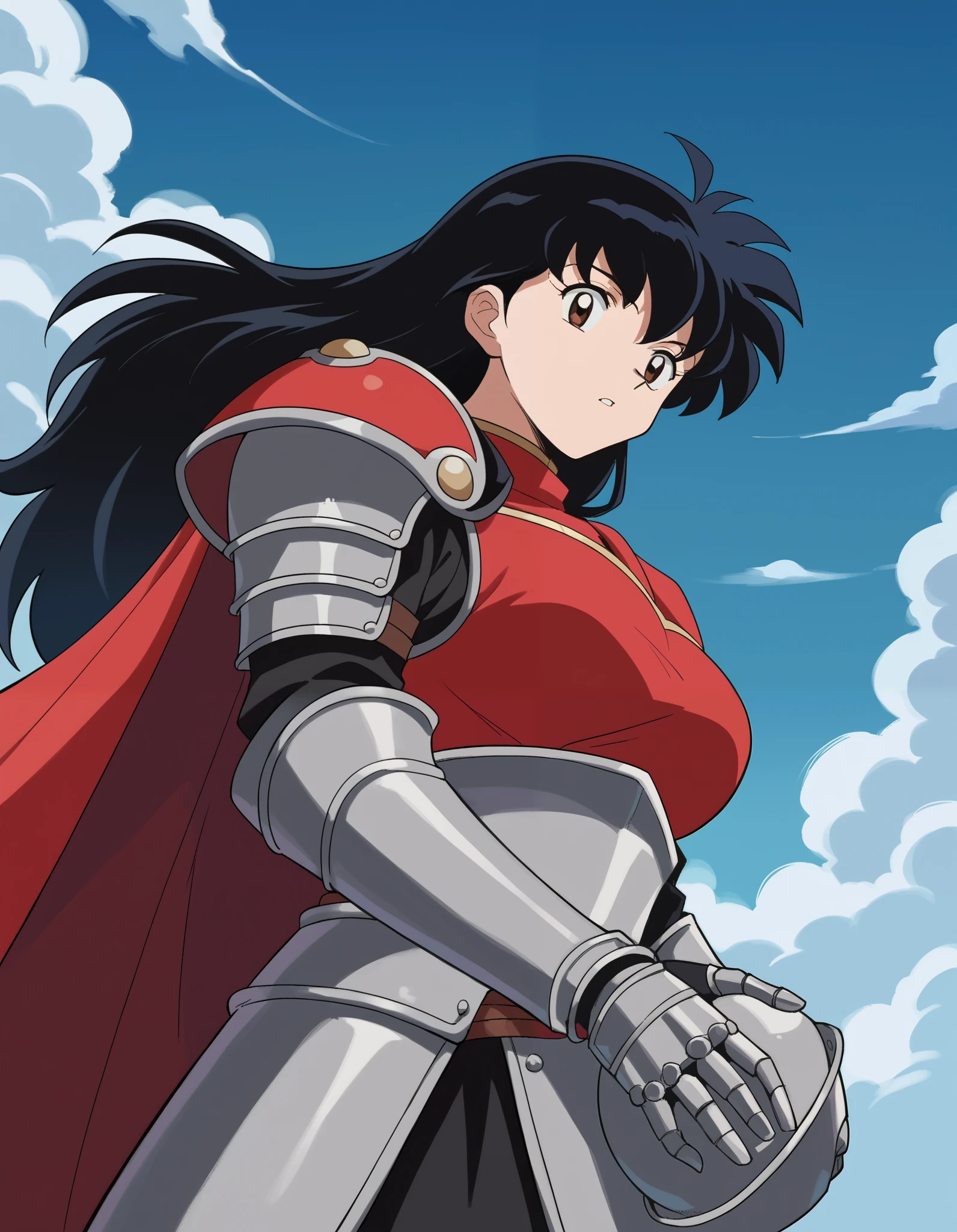 score_9, score_8_up, score_7_up, source_anime, Kagome Higurashi, long hair, , brown eyes, , ahoge, black hair, large breasts,, knight, armour, holding helmet , shoulder armor, gauntlets, pauldrons, red cape,, blue sky, clouds, from below, parted lips, looking at viewer