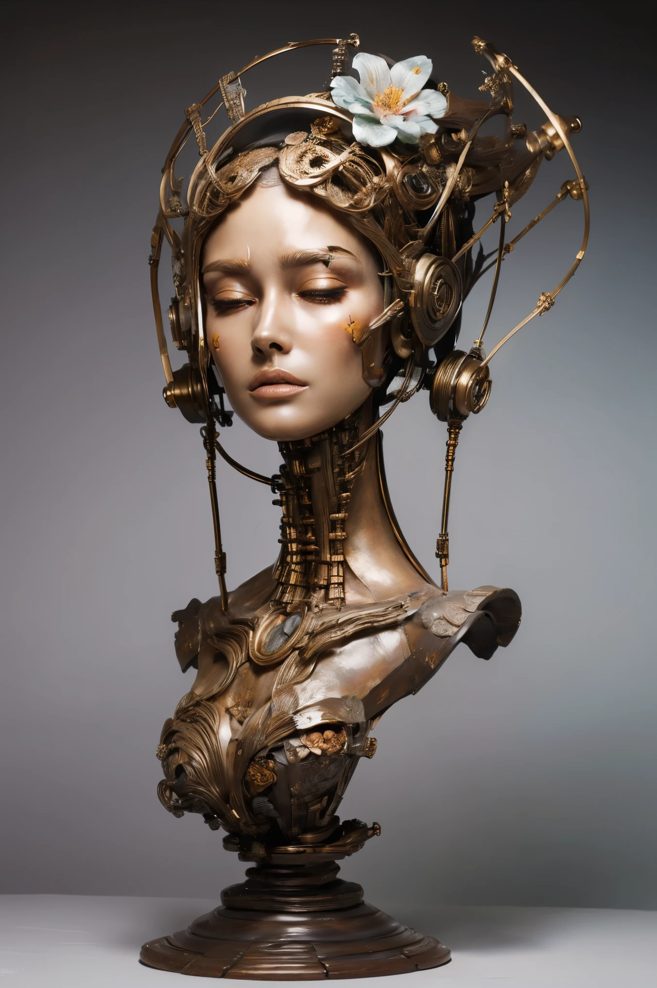 (masterpeace), ((super real photography: 1.5)), ((photo realistic: 1.3)), (real photo), 
A Japanese girl with a lot of flowers, ((A young girl robot: 1.5)),  (bust statue), 
BREAK
headgear, ((real metalic skin)), ((beautiful face: 1.5)), ((Super cute: 1.5)), ((kawaii: 1.5)), ((well-balanced face)), (close eyes: 1.3)), longeyelashes, stunning big eyes, luscious glossy lips, ((blunt bangs)), 
BREAK
(slender body: 1.3), petite bust, flower bloom, (flowers: 1.5),
BREAK
High-Mechanic body, octane rendering, Super Detailed machine, ((connected electric cables)), 
BREAK
(simple background: 1.3), ((bust shot: 1.3)), cinema quality, professional photograph, (photo studio: 1.5), (Bright Light: 1.2), Eye-Level Shot, wide lens, (fujifilm 35mm), (film photo), RAW, Excessive Embellishment, UHD, 
BREAK
anatomically correct, textured skin, best quality, 8k