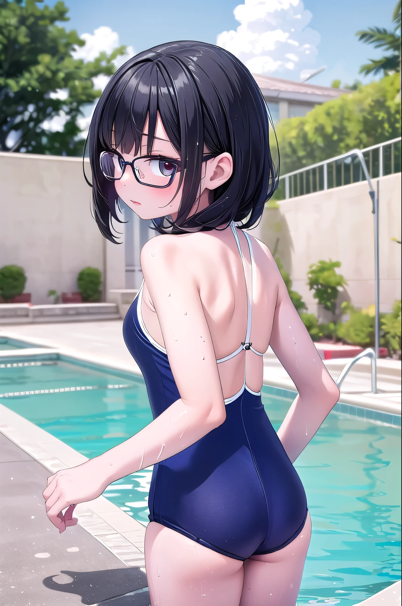 best quality, ultra high res,
ARN-75W, one-piece swimsuit, 
1girl, glasses, black hair, small breasts, flatchess, petite, s,
looking at another, from behind, wet, wet hair, back, ass, school poolside, summer sky, cloud, sunlight, 
