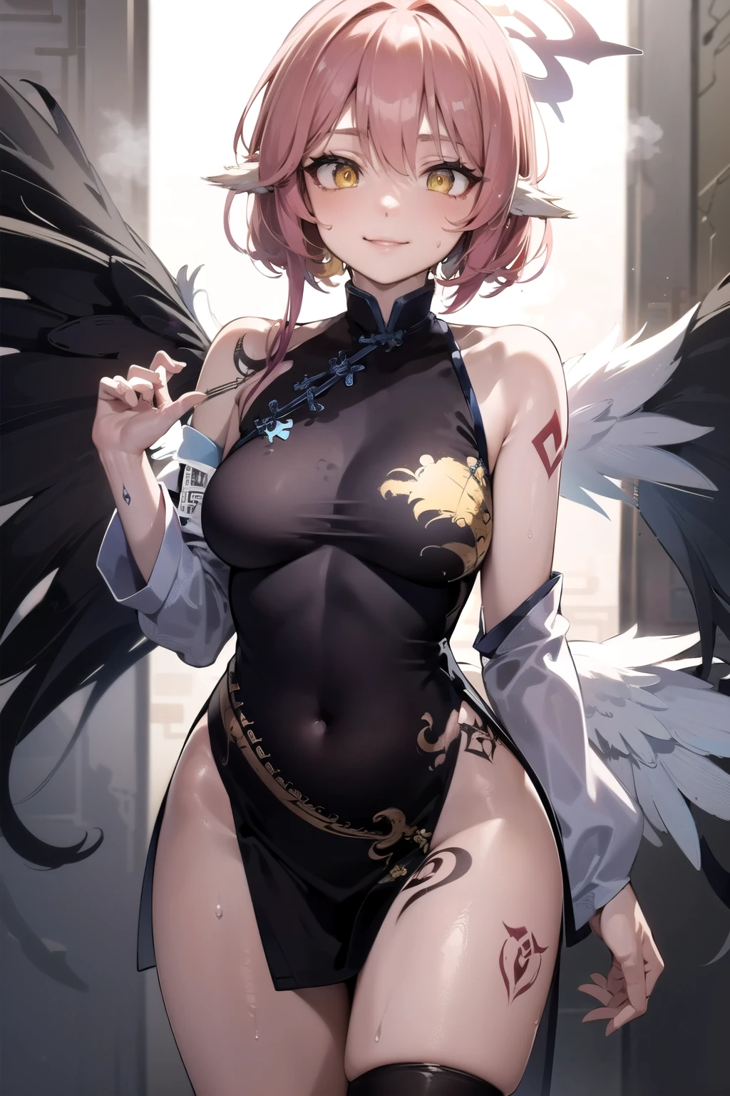 jibril, BREAK jibril, angel, angel wings, collar, animal ears, bird ears, compass rose halo, belly button, feathered wings, feathers, gradient hair, halo, long hair, low wings, multicolored hair, pink hair, symbol-shaped pupils, (thigh tattoos, tattooed:1.4), big breast, white wings, wing ears, wings, (yellow eyes:1.5), seductive look, (seductive smile:1.4), Shiny skin, wet, sweaty, sweat, oiled, clothing. Oil, lotion, slime, slimy. Big breast. Sexy, hot, attractive, alluring. 
BREAK thighhighs, zoomed in, cropped face, Fully clothed. (china dress:1.8), long sleeves , thighhighs, (sweaty:1.1), steam, (wet:1.1), dripping, hot, sticky.
BREAK (masterpiece:1.2), best quality, high resolution, unity 8k wallpaper, (illustration:0.8), (beautiful detailed eyes:1.6), extremely detailed face, perfect lighting, extremely detailed CG, (perfect hands, perfect anatomy), (narrow eyes:1.3).