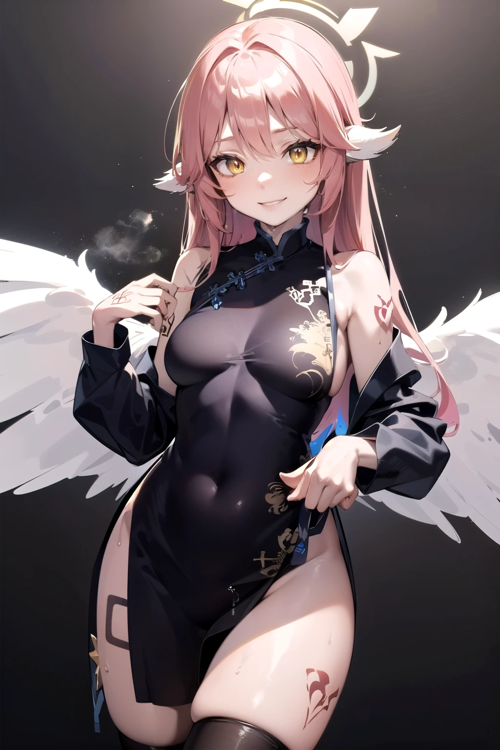 jibril, BREAK jibril, angel, angel wings, collar, animal ears, bird ears, compass rose halo, belly button, feathered wings, feathers, gradient hair, halo, long hair, low wings, multicolored hair, pink hair, symbol-shaped pupils, (thigh tattoos, tattooed:1.4), big breast, white wings, wing ears, wings, (yellow eyes:1.5), seductive look, (seductive smile:1.4), Shiny skin, wet, sweaty, sweat, oiled, clothing. Oil, lotion, slime, slimy. Big breast. Sexy, hot, attractive, alluring. 
BREAK thighhighs, zoomed in, cropped face, Fully clothed. (china dress:1.8), long sleeves , thighhighs, (sweaty:1.1), steam, (wet:1.1), dripping, hot, sticky.
BREAK (masterpiece:1.2), best quality, high resolution, unity 8k wallpaper, (illustration:0.8), (beautiful detailed eyes:1.6), extremely detailed face, perfect lighting, extremely detailed CG, (perfect hands, perfect anatomy), (narrow eyes:1.3).