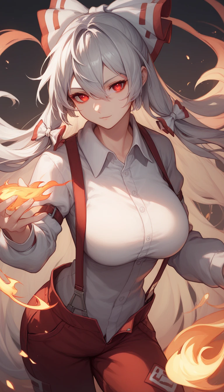 zzMokou, red eyes, hair between eyes, grey hair, hair bow, hair ribbon, long hair, very long hair, white hair, bow, suspenders, white shirt, shirt, long sleeves, pants, white bow, red pants, collared shirt,large breast, 1girls fire, female_focus, hood, , , looking_at_viewer, ,Sometimes a phoenix,hood_down, solo, hoodie, upper_body, glowing, hair_between_eyes,Flames in all bodies, flames in hands 