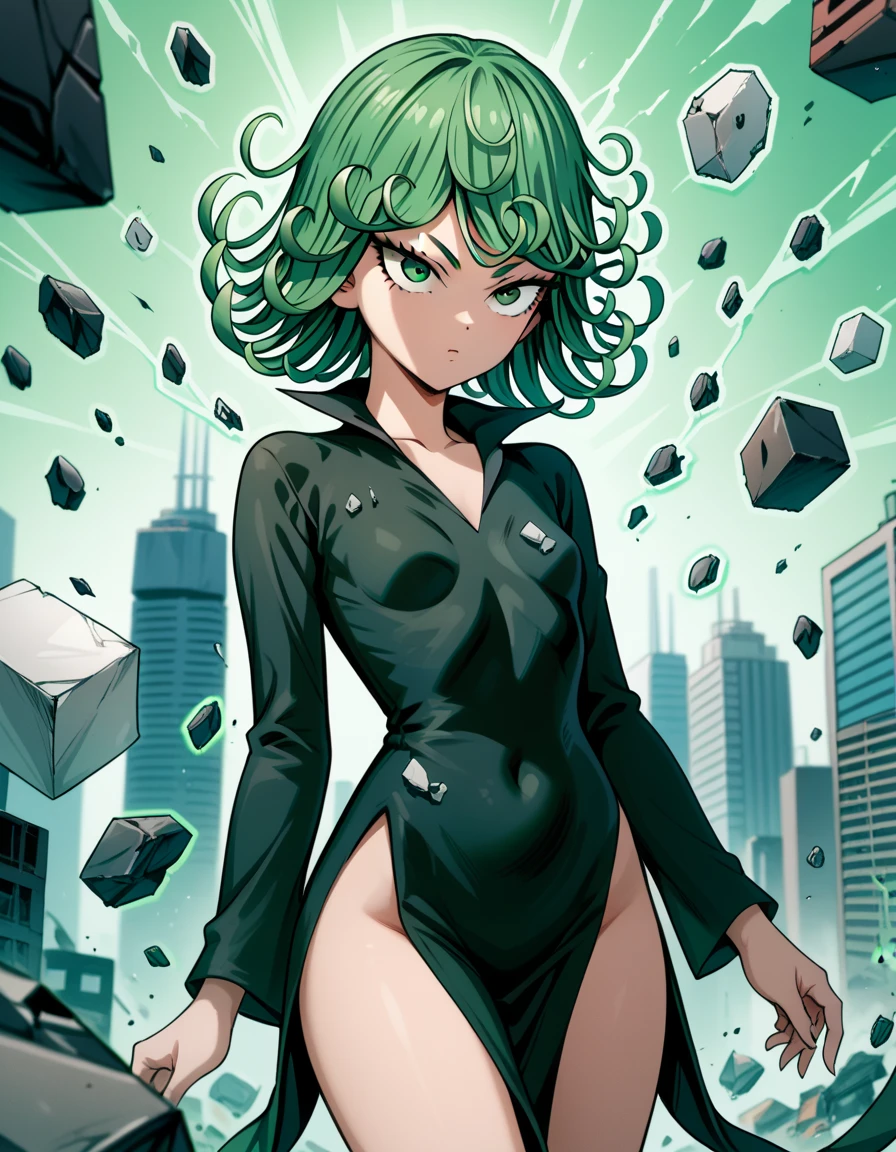 Masterpiece, 1girl, solo, extremely detailed eyes, Tatsumaki171,green eyes,green hair,black dress,short hair,tatsumaki, broken city, debris background,long sleeves, tatsumaki from one punch man, anime original, curved toned stomach, petite