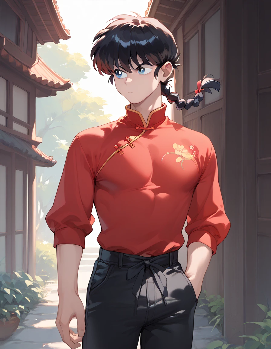 1 boy, male focus, (male:1.4), black hair, single braid, ranma, blue eyes, coloring, Chinese clothing, tangzhuang, red shirt, prominent veins, tied pants, black pants