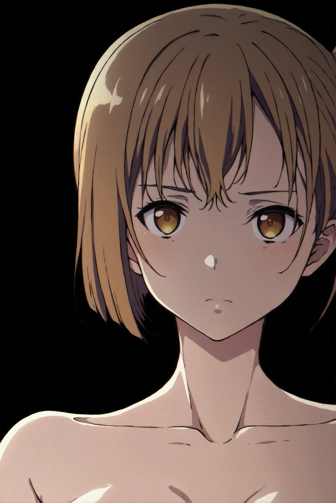 pt,Completely naked,Kawagami Mai、 side ponytail ， with a bleak expression， standing girl, Black Wall and Floor ,indirect lighting, anime style ,NO pose ,standing , fullbody , ,（ top quality，4K）, Sharp Body,Dim lighting, Detailed Body ,No windows,Healthy Body,Sensual body lines,Waistline、,Hip bone,pt, Line Art，kawakami mai，Big Breasts，Teardrop， Color Difference