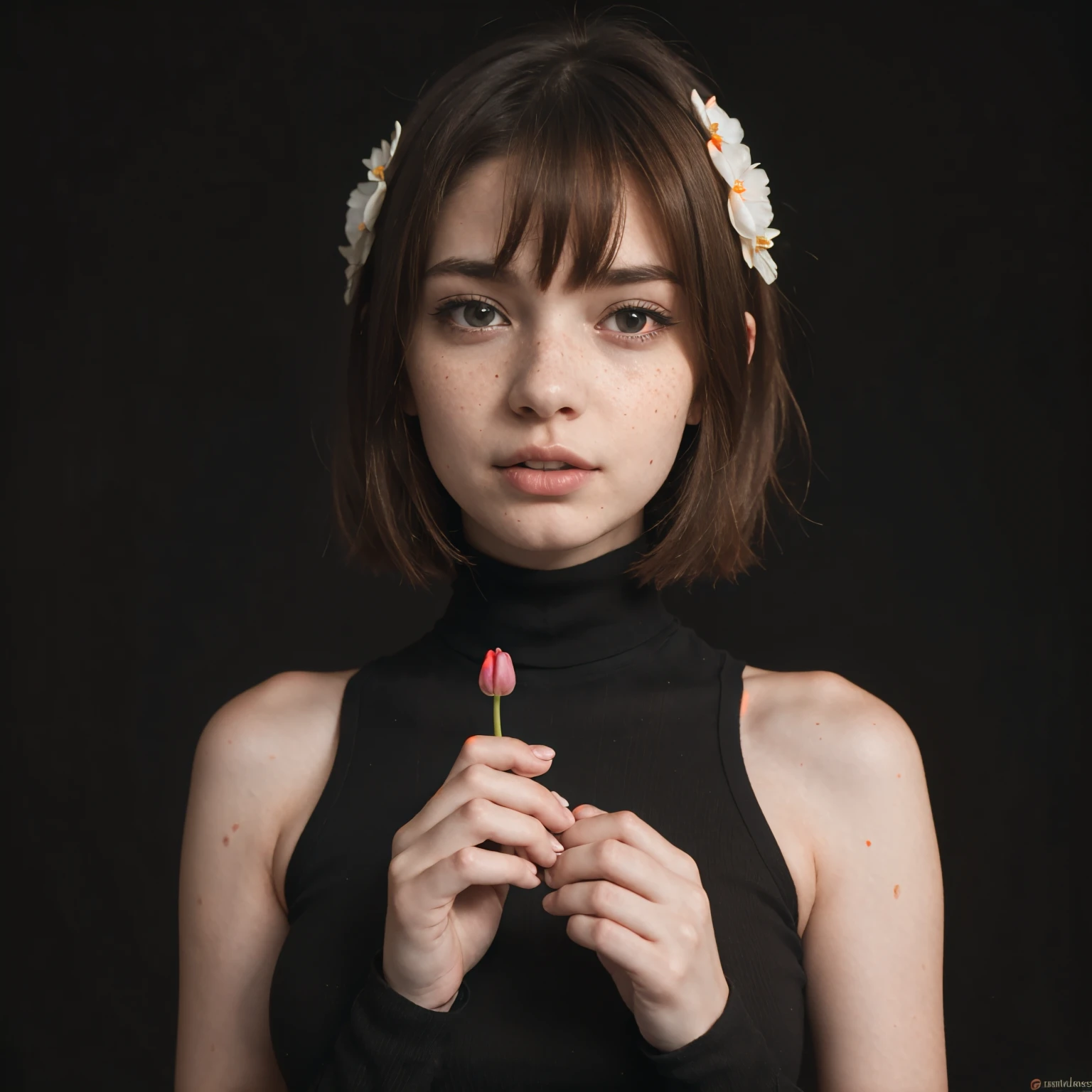  1girl, One, Expressive, hearts,  dynamic ,  brown hair,  short hair ,  brown eye ,  pale skin vomited girl,  pale skin vomited, freckles, turtleneck,  bare shoulders are visible,  style to blush,  white tulip hair ornament, looking_longingly ,  seductive ,  sexy _, black background