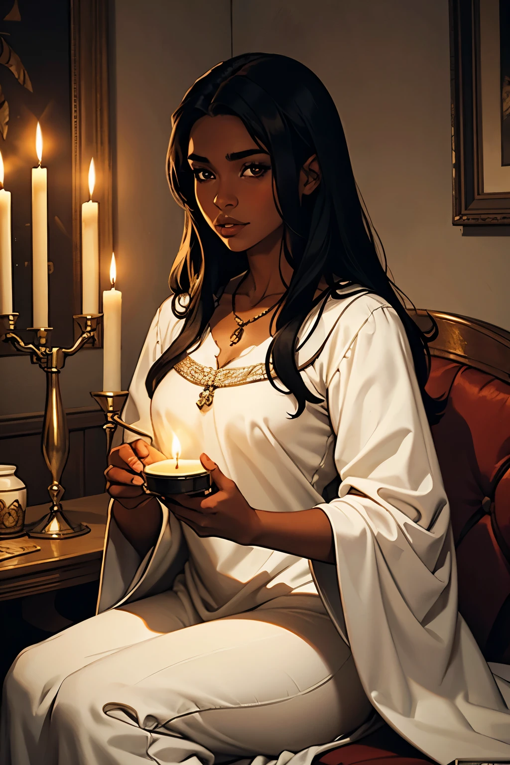 20 year old woman in a white middle ages dress, long black hair, brown skin, brown eyes, in a candle lit room, portrait,