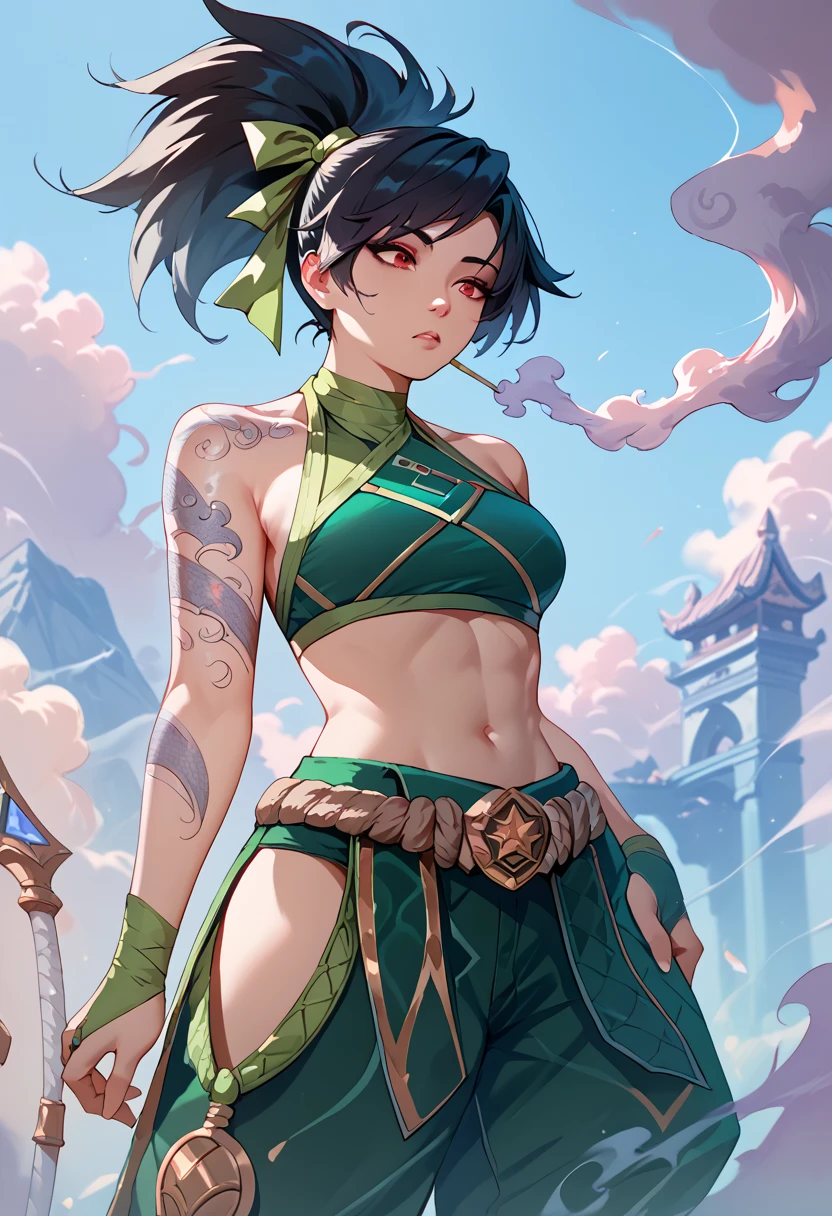 AkaliDefault, red eyes, black hair, mediumhair, high ponytail, tattoo, green ribbon, hair ribbon, green crop top, halterneck, green gloves, bridal gauntlets, rope belt, green pants, hip vent, masterpiece, mist, smoke