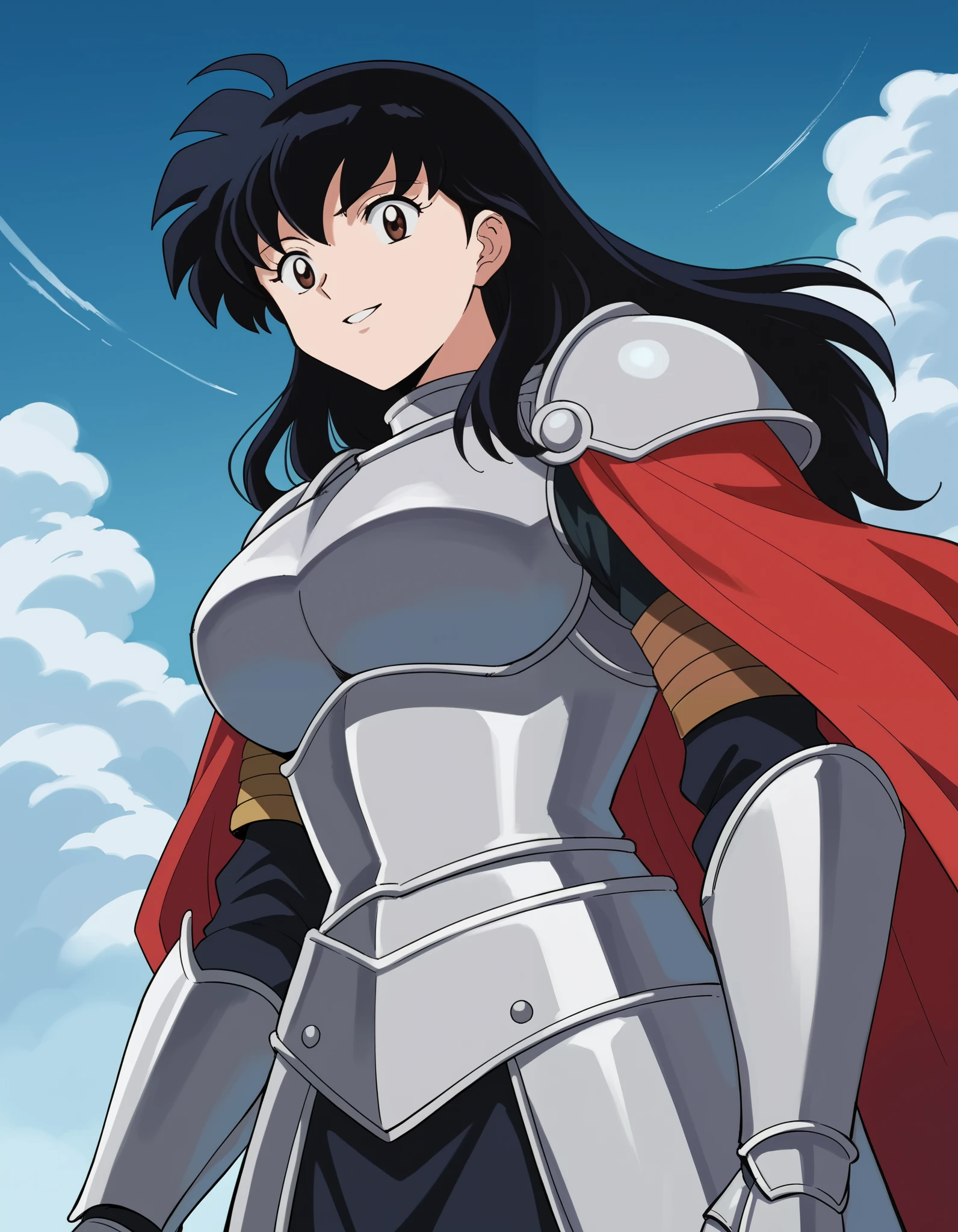 score_9, score_8_up, score_7_up, source_anime, Kagome Higurashi, long hair, , brown eyes, , ahoge, black hair, large breasts,, knight, armour, holding helmet , shoulder armor, gauntlets, pauldrons, red cape,, blue sky, clouds, from below, parted lips, looking at viewer , smile  