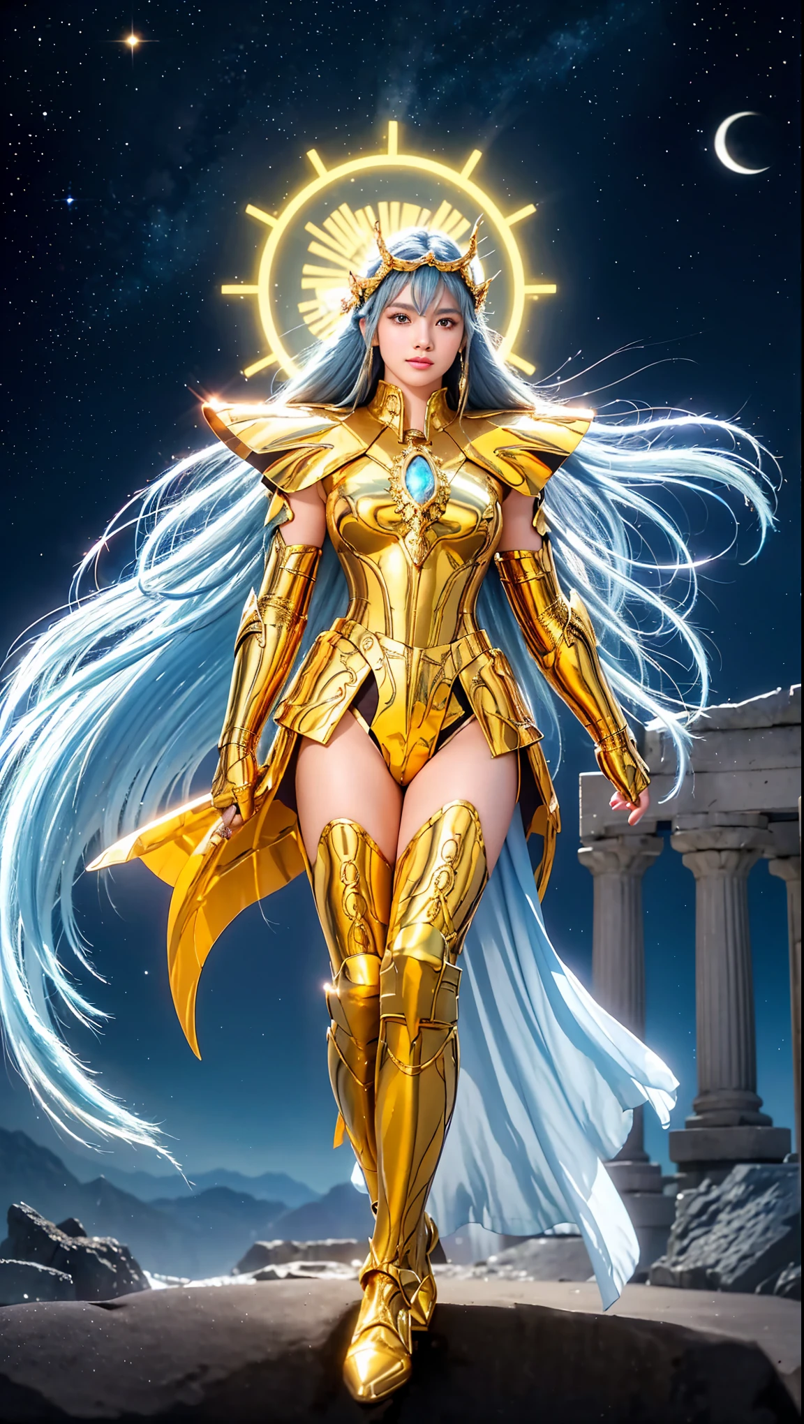 A woman full body fighting pose, female details, Degel Aprodithe from virgo Saint Seiya, masterpiece, best quality, highly detailed RAW color photo, sharp focus, 8k high definition, reading glasses, holding a flower energy, Big breasts, 1girl,curvy body,with long blue hair and a gold chest,  long blue hair, turtle neck, male wearing gold shiny armor, light turquoise blue hair, tight-fitting blue undergarment beneath armor, purple eyes, leg armor, shoulder armor, gold armor, reflection on armor, headset, gold headband, sparking armor, white skin-tight transparent vinyl, gentle smile, in an open and well-lit red flower Coliseum with Greek pillars and garden with flowers, Aprodithe Armor, standing straight, sacredness, landscape, bright, facial freckles (0.1), to8contrast style, posing in a bright Coliseum with Greek ice pillars, rim lighting (1.4), two-tone lighting with soft highlights, octane, unreal, well-lit, aura of wisdom.High Details, huge 