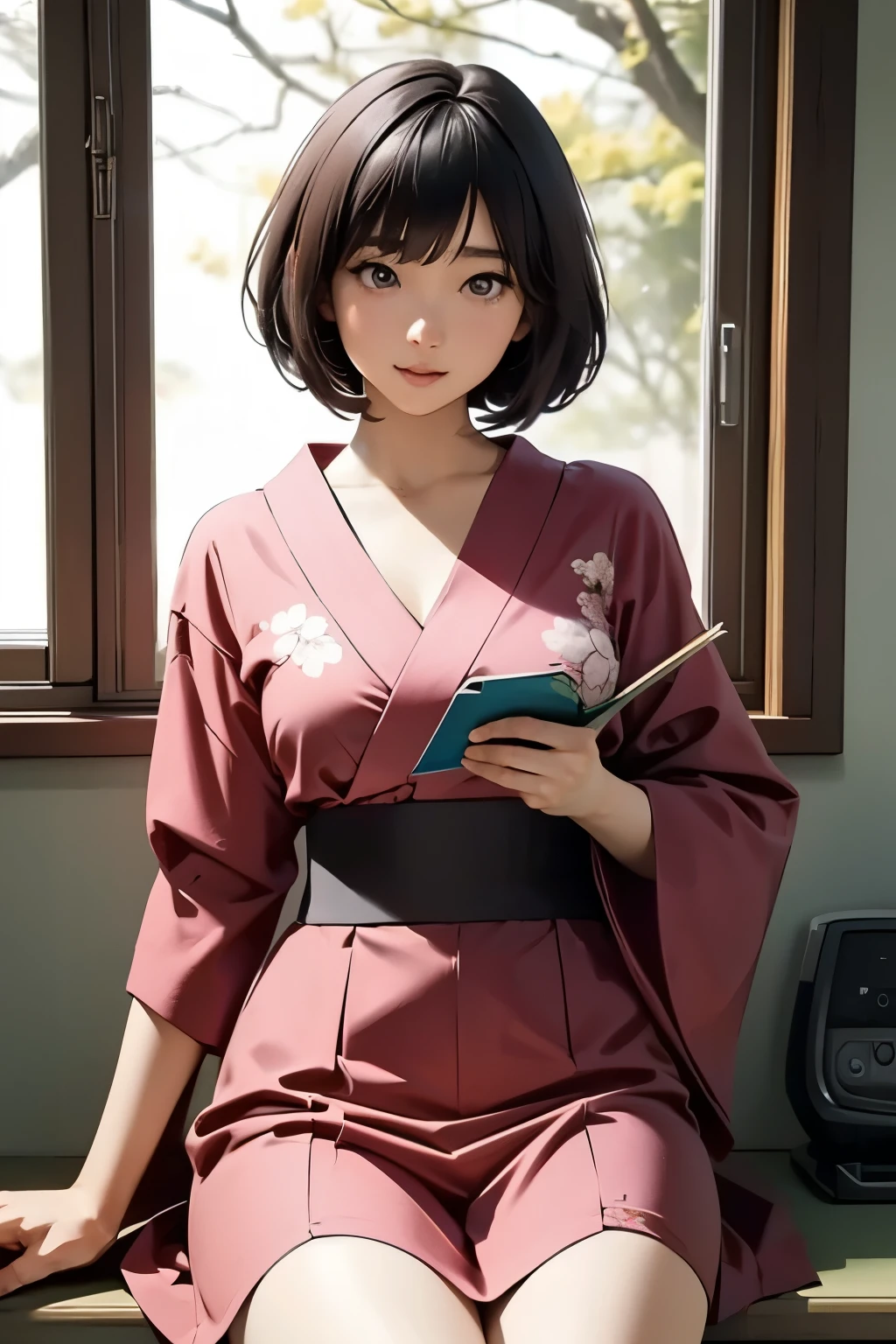 Beautiful Japanese girl . 150 centimeters tall . bob hairstyle . 28 years old . Size 2 breasts . She sits and draws manga .
